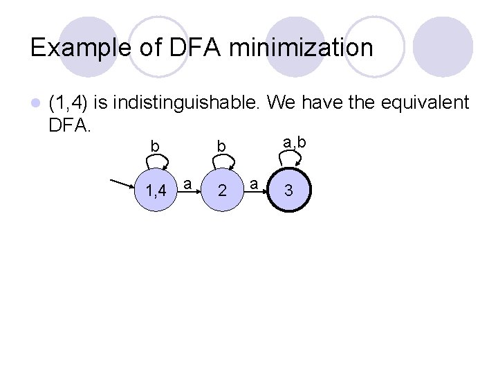 Example of DFA minimization l (1, 4) is indistinguishable. We have the equivalent DFA.