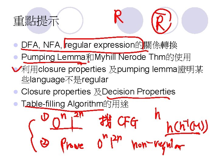 重點提示 l l l DFA, NFA, regular expression的關係轉換 Pumping Lemma和Myhill Nerode Thm的使用 利用closure properties