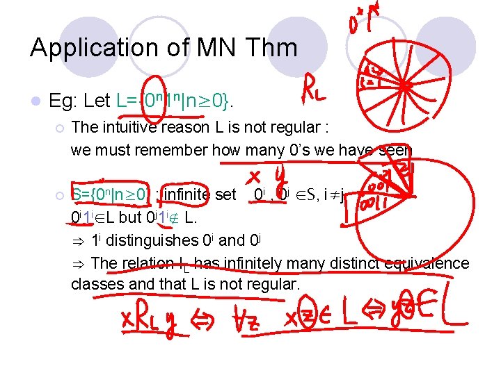 Application of MN Thm l Eg: Let L={0 n 1 n|n≥ 0}. ¡ ¡