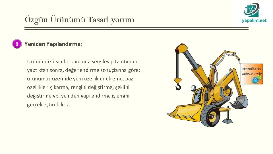 Özgün Ürünümü Tasarlıyorum Yeniden Yapılandırma: Ürünümüzü sınıf ortamında sergileyip tanıtımını yaptıktan sonra, değerlendirme sonuçlarına