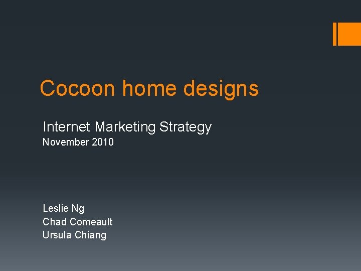 Cocoon home designs Internet Marketing Strategy November 2010 Leslie Ng Chad Comeault Ursula Chiang