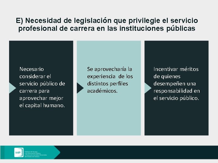 E) Necesidad de legislación que privilegie el servicio profesional de carrera en las instituciones