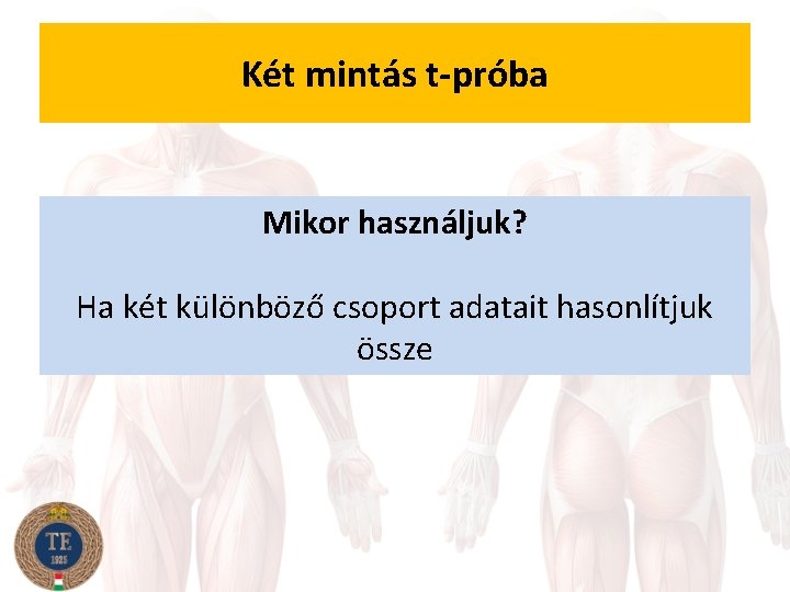 Két mintás t-próba Mikor használjuk? Ha két különböző csoport adatait hasonlítjuk össze 