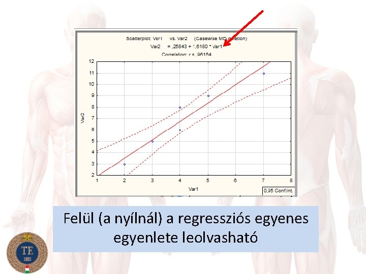 Felül (a nyílnál) a regressziós egyenes egyenlete leolvasható 