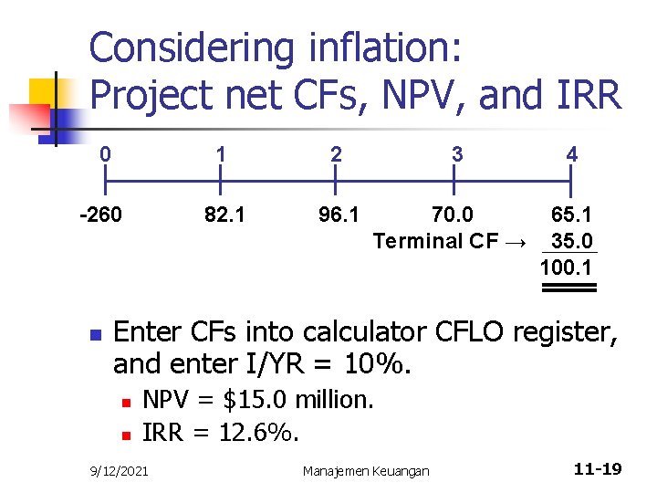 Considering inflation: Project net CFs, NPV, and IRR 0 1 2 -260 82. 1
