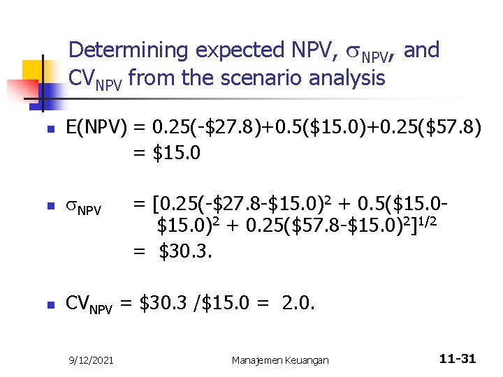 Determining expected NPV, and CVNPV from the scenario analysis n E(NPV) = 0. 25(-$27.