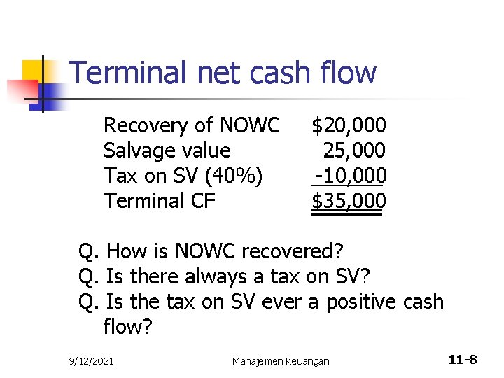 Terminal net cash flow Recovery of NOWC Salvage value Tax on SV (40%) Terminal