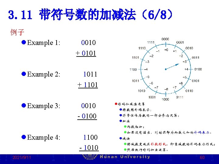 3. 11 带符号数的加减法（6/8） 例子 l Example 1: 0010 + 0101 l Example 2: 1011