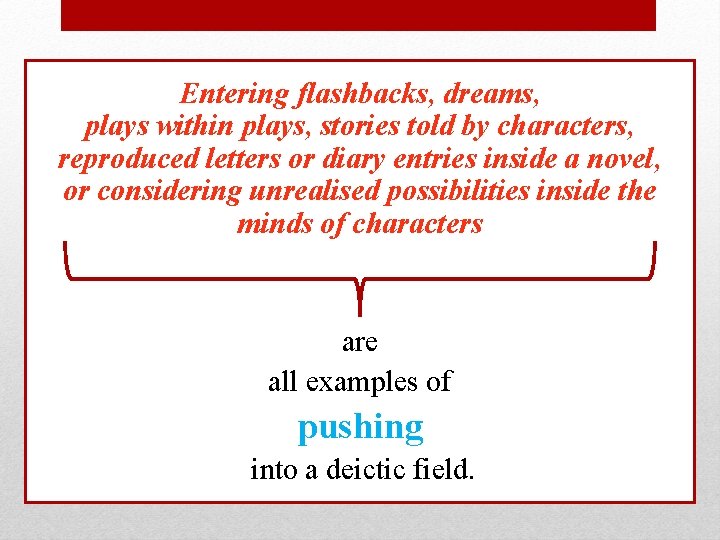 Entering flashbacks, dreams, plays within plays, stories told by characters, reproduced letters or diary