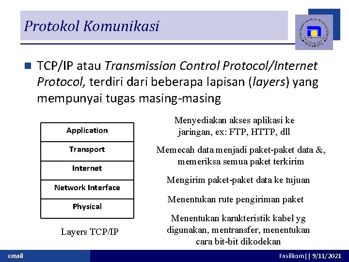 Protokol Komunikasi n TCP/IP atau Transmission Control Protocol/Internet Protocol, terdiri dari beberapa lapisan (layers)