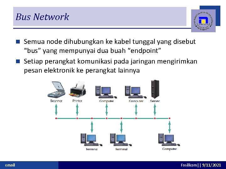 Bus Network Semua node dihubungkan ke kabel tunggal yang disebut “bus” yang mempunyai dua