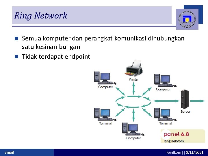 Ring Network Semua komputer dan perangkat komunikasi dihubungkan satu kesinambungan n Tidak terdapat endpoint