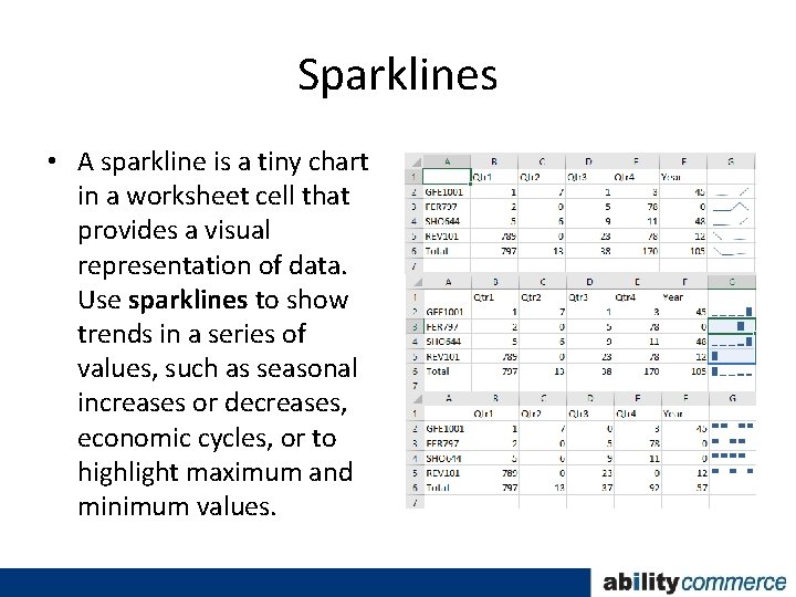 Sparklines • A sparkline is a tiny chart in a worksheet cell that provides