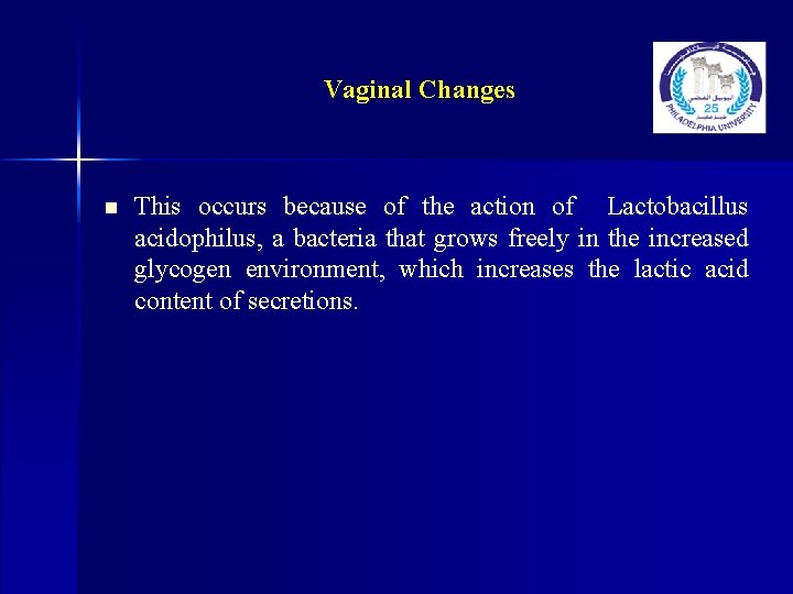 Vaginal Changes n This occurs because of the action of Lactobacillus acidophilus, a bacteria