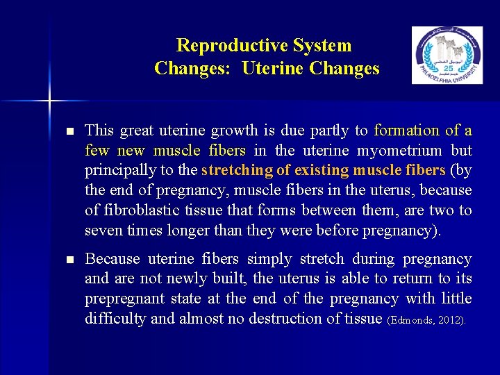 Reproductive System Changes: Uterine Changes n This great uterine growth is due partly to