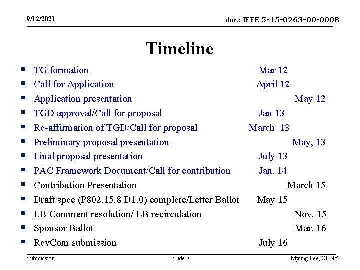 doc. : IEEE 5 -15 -0263 -00 -0008 9/12/2021 Timeline § § § §