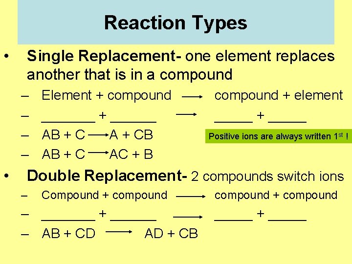 Reaction Types • Single Replacement- one element replaces another that is in a compound