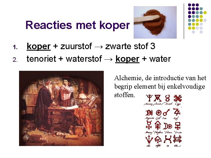 Reacties met koper 1. 2. koper + zuurstof → zwarte stof 3 tenoriet +