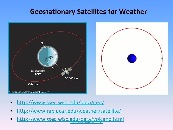 Geostationary Satellites for Weather • http: //www. ssec. wisc. edu/data/geo/ • http: //www. rap.