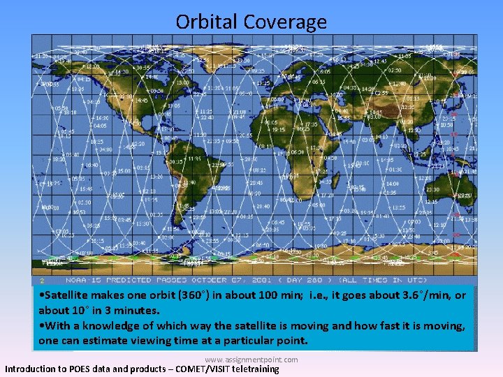 Orbital Coverage • Satellite makes one orbit (360°) in about 100 min; i. e.