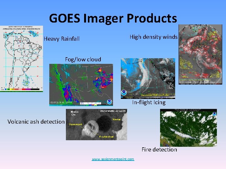 GOES Imager Products High density winds Heavy Rainfall Fog/low cloud In-flight Icing Volcanic ash