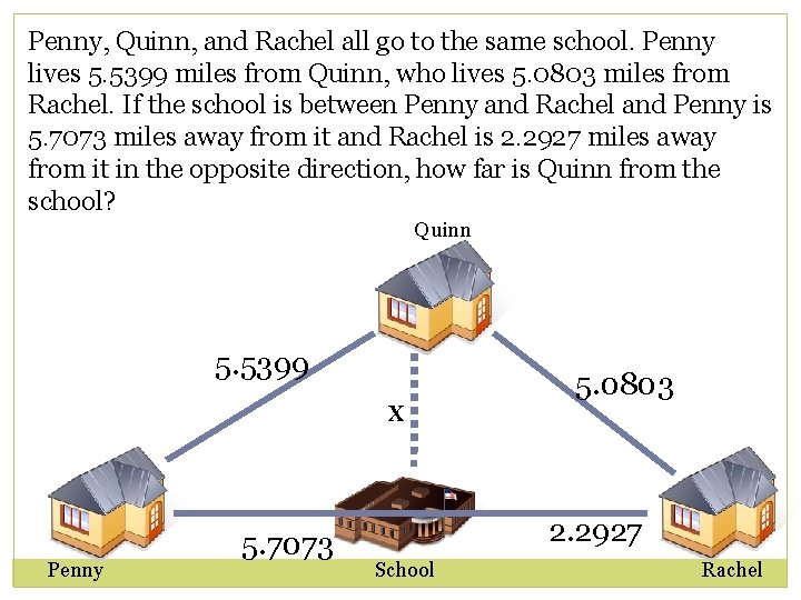 Penny, Quinn, and Rachel all go to the same school. Penny lives 5. 5399