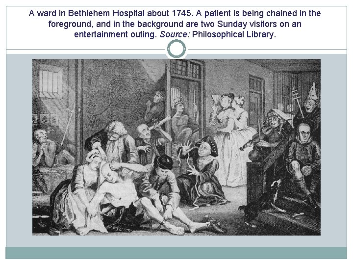 A ward in Bethlehem Hospital about 1745. A patient is being chained in the