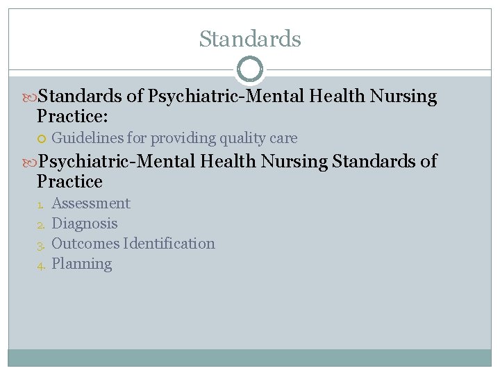 Standards of Psychiatric-Mental Health Nursing Practice: Guidelines for providing quality care Psychiatric-Mental Health Nursing