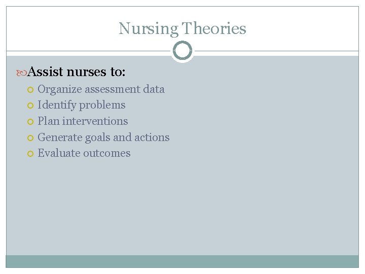 Nursing Theories Assist nurses to: Organize assessment data Identify problems Plan interventions Generate goals