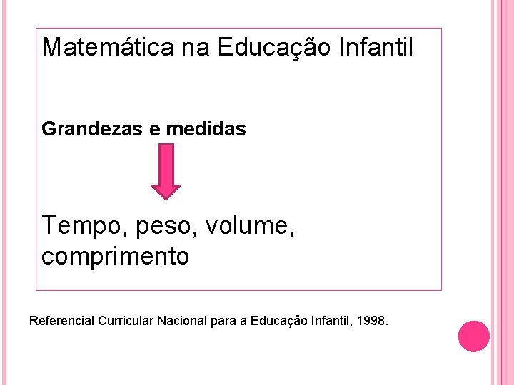 Matemática na Educação Infantil Grandezas e medidas Tempo, peso, volume, comprimento Referencial Curricular Nacional