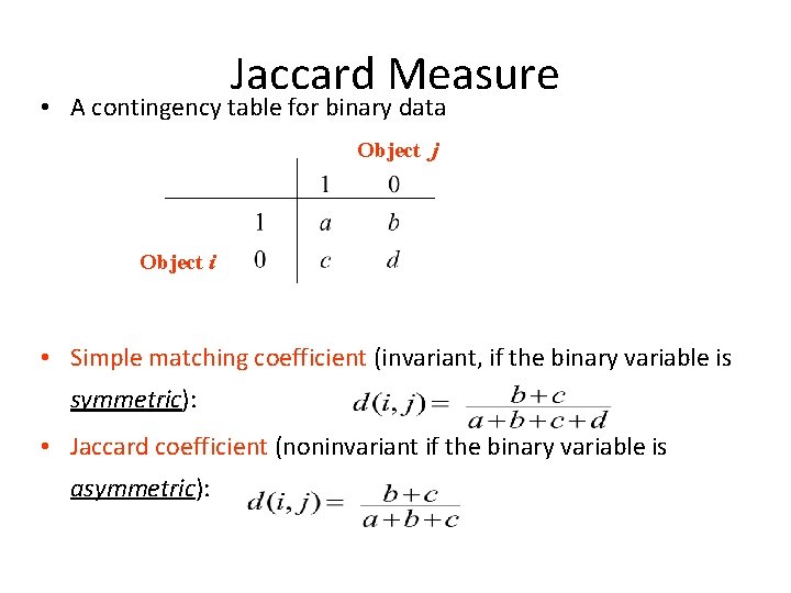 Jaccard Measure • A contingency table for binary data Object j Object i •