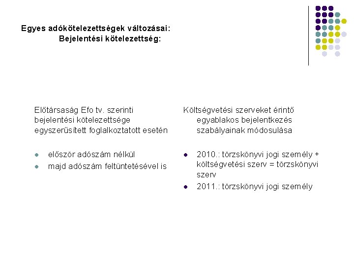 Egyes adókötelezettségek változásai: Bejelentési kötelezettség: Előtársaság Efo tv. szerinti bejelentési kötelezettsége egyszerűsített foglalkoztatott esetén