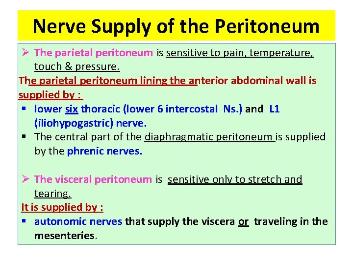 Nerve Supply of the Peritoneum Ø The parietal peritoneum is sensitive to pain, temperature,