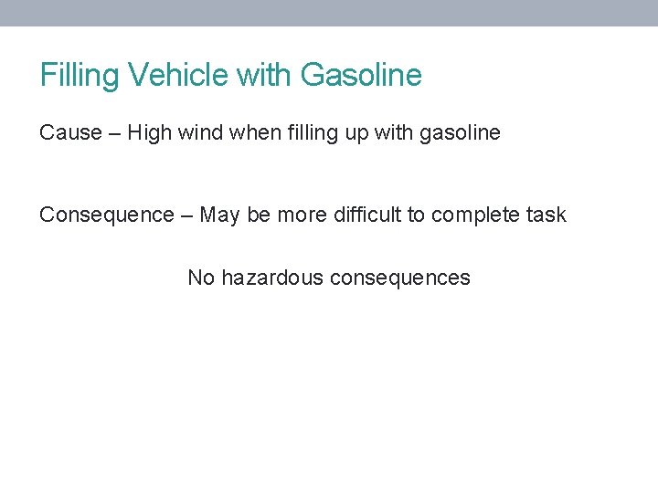 Filling Vehicle with Gasoline Cause – High wind when filling up with gasoline Consequence