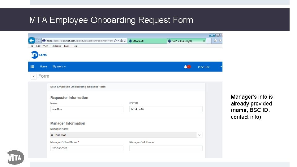 MTA Employee Onboarding Request Form Manager’s info is already provided (name, BSC ID, contact