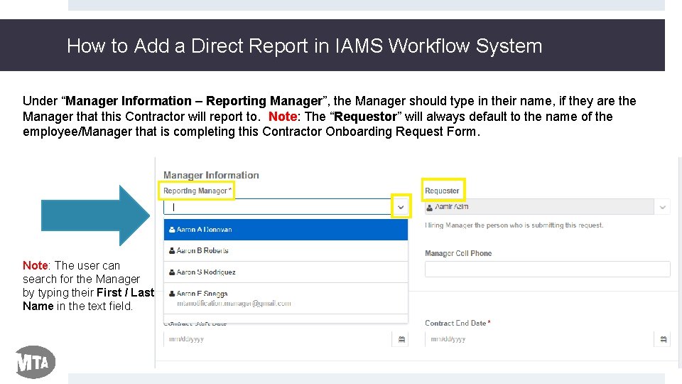 How to Add a Direct Report in IAMS Workflow System Under “Manager Information –