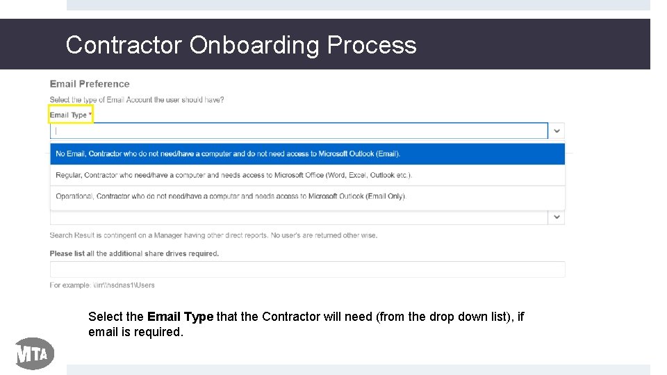 Contractor Onboarding Process Select the Email Type that the Contractor will need (from the