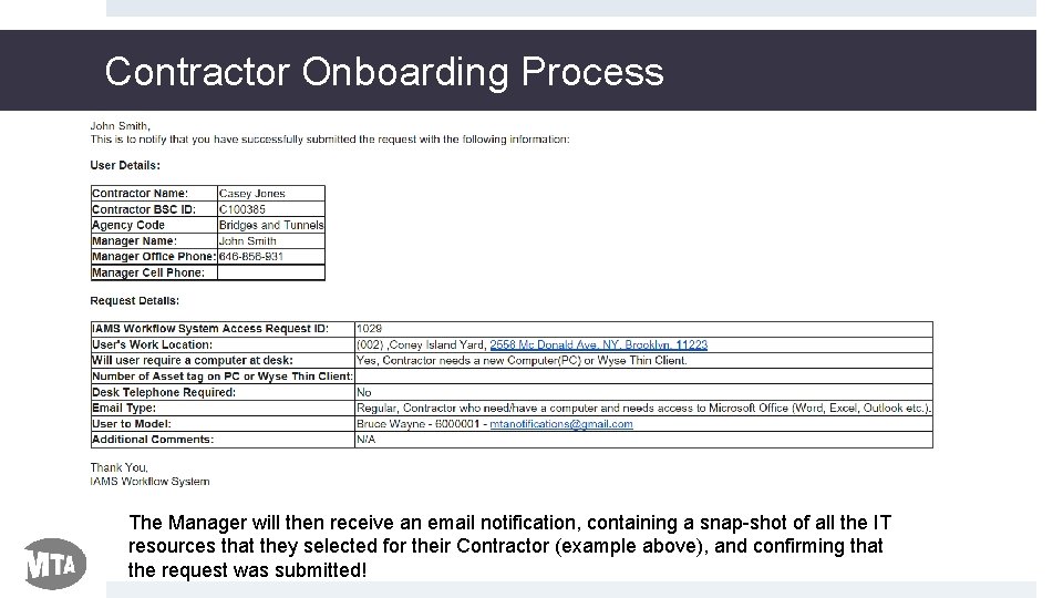 Contractor Onboarding Process The Manager will then receive an email notification, containing a snap-shot