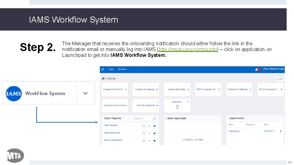 IAMS Workflow System Step 2. The Manager that receives the onboarding notification should either