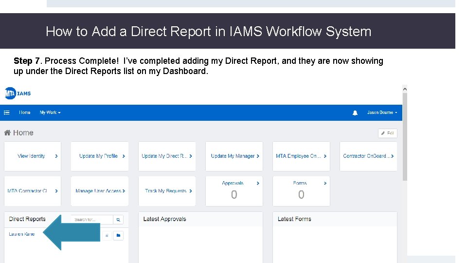 How to Add a Direct Report in IAMS Workflow System Step 7. Process Complete!
