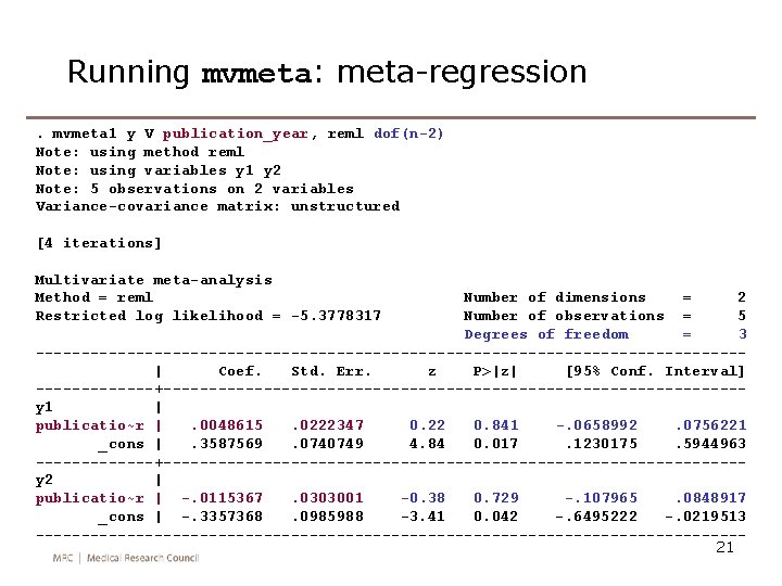 Running mvmeta: meta-regression. mvmeta 1 y V publication_year, reml dof(n-2) Note: using method reml