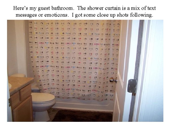 Here’s my guest bathroom. The shower curtain is a mix of text messages or