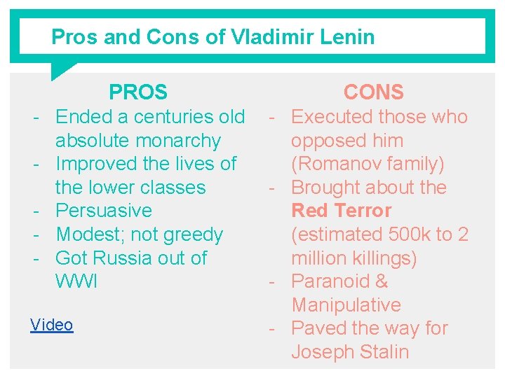 Pros and Cons of Vladimir Lenin PROS CONS - Ended a centuries old absolute