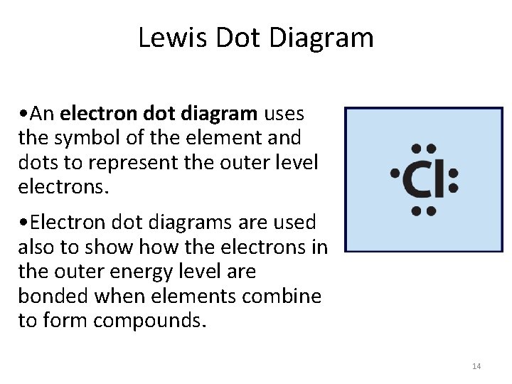 Lewis Dot Diagram • An electron dot diagram uses the symbol of the element