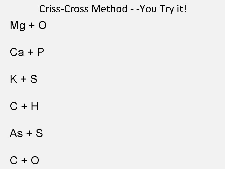 Criss-Cross Method - -You Try it! Mg + O Ca + P K+S C+H