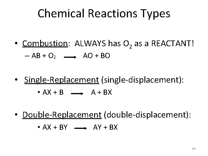 Chemical Reactions Types • Combustion: ALWAYS has O 2 as a REACTANT! – AB