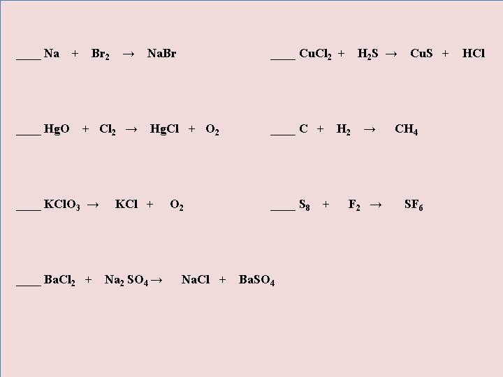 ____ Na ____ Hg. O + Br 2 → + Cl 2 → Na.