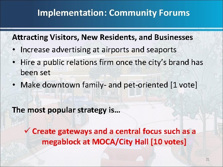 Implementation: Community Forums Attracting Visitors, New Residents, and Businesses • Increase advertising at airports