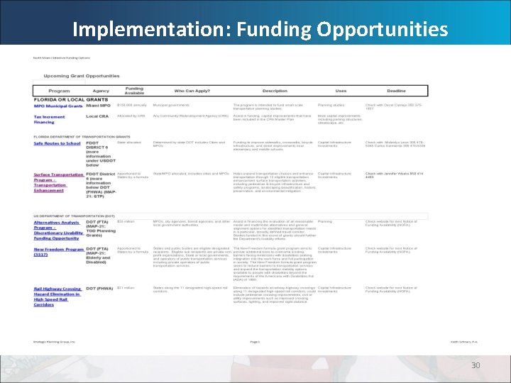 Implementation: Funding Opportunities 30 