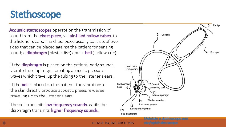 Stethoscope Acoustic stethoscopes operate on the transmission of sound from the chest piece, via